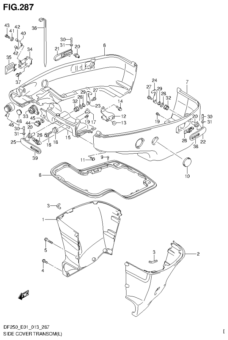 Suzuki DF200T, DF200Z, DF225T, DF225Z, DF250T, DF250Z SIDE COVER TRANSOM(L) (DF200T E1) parts diagram
